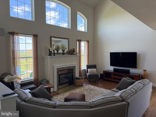 living area featuring a high end fireplace, a high ceiling, and wood finished floors