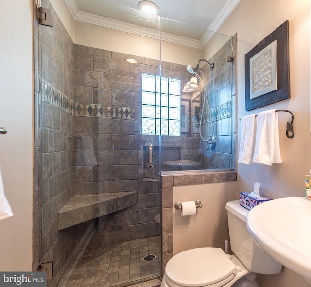 bathroom featuring a sink, ornamental molding, a shower stall, and toilet