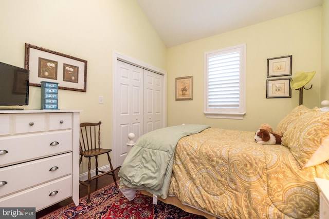 bedroom with a closet, wood finished floors, and vaulted ceiling