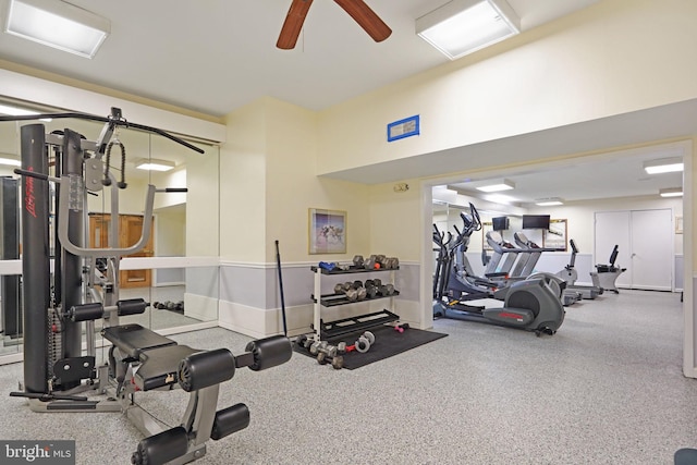 exercise room with ceiling fan