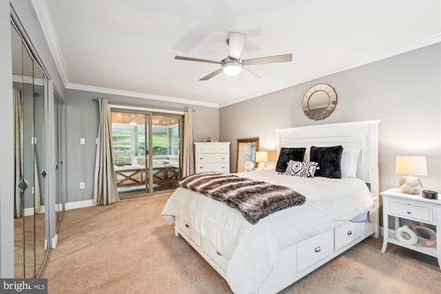 15109 Watergate Rd, Silver Spring, MD 20905 - bedroom with crown molding, light colored carpet, baseboards, a ceiling fan, and access to outside