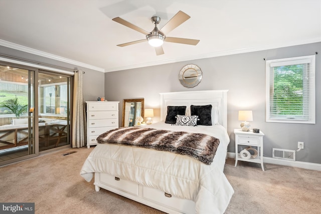 15109 Watergate Rd, Silver Spring, MD 20905 - bedroom with light carpet, crown molding, access to outside, baseboards, and ceiling fan