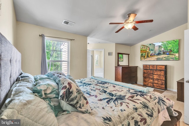carpeted bedroom with baseboards, ceiling fan, lofted ceiling, and visible vents