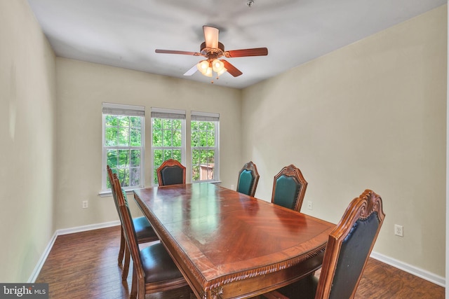 dining room with baseboards, a ceiling fan, and dark wood finished floors
