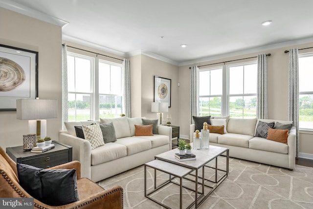 living room with crown molding, recessed lighting, and baseboards