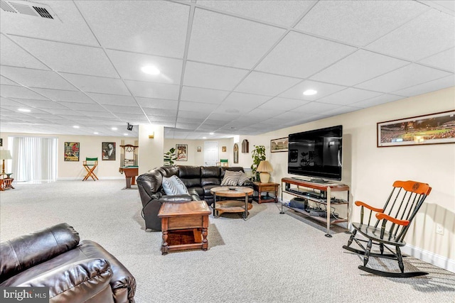 living room with recessed lighting, visible vents, carpet, baseboards, and a drop ceiling