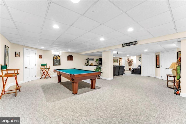 game room featuring recessed lighting, billiards, carpet, and baseboards