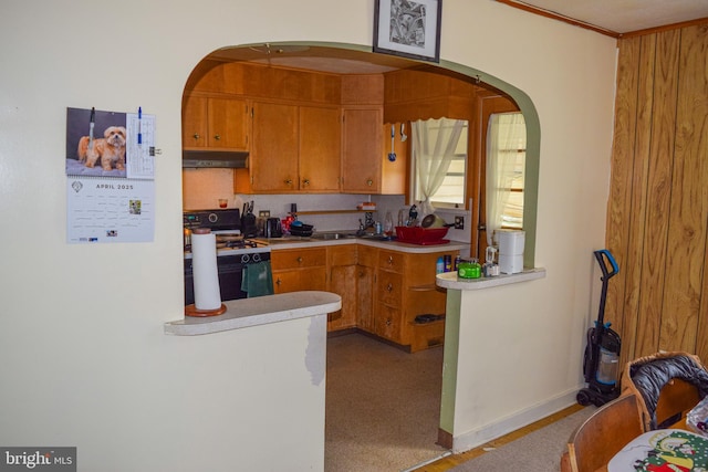 kitchen with a sink, gas range oven, light countertops, arched walkways, and under cabinet range hood