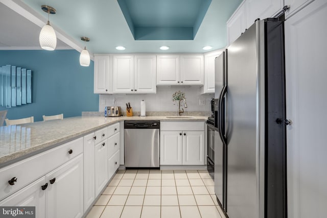 kitchen with a sink, white cabinetry, light tile patterned floors, stainless steel dishwasher, and fridge with ice dispenser
