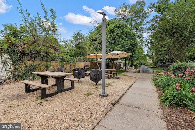 view of property's community featuring fence