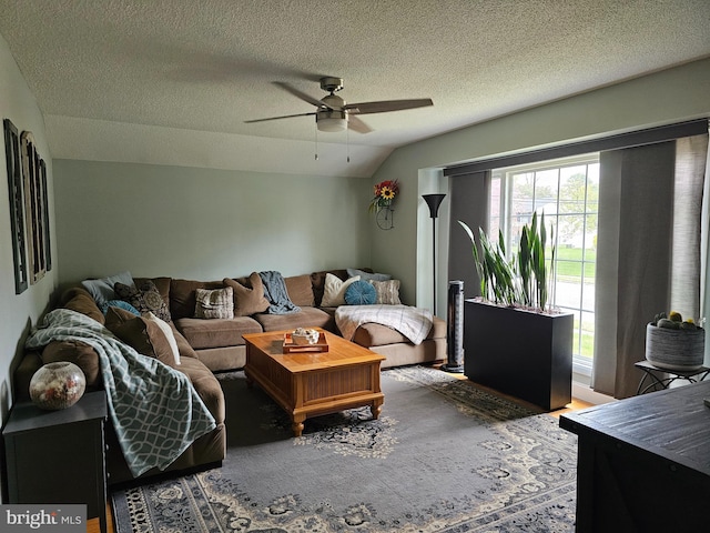 living room with a textured ceiling, ceiling fan, vaulted ceiling, and a healthy amount of sunlight