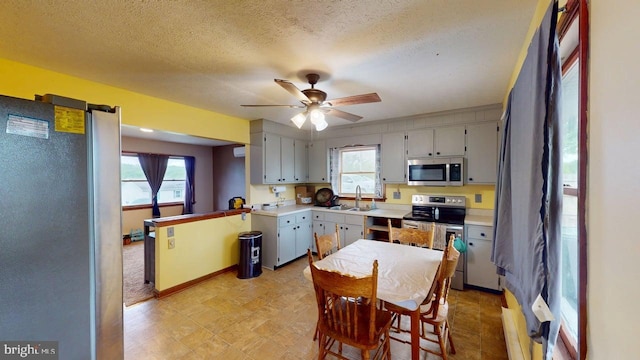 521 E Rdg Loop Rd, Romney, WV 26757 - kitchen with a sink, a textured ceiling, light countertops, a ceiling fan, and appliances with stainless steel finishes