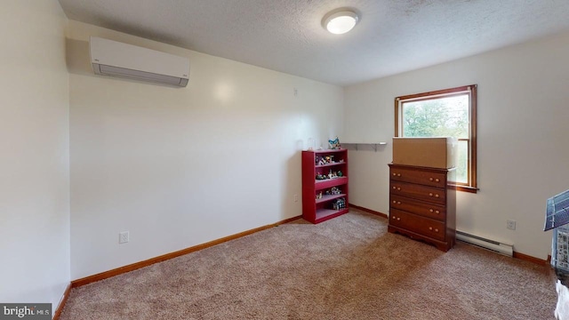 521 E Rdg Loop Rd, Romney, WV 26757 - bedroom with a baseboard radiator, a wall unit AC, a textured ceiling, baseboards, and carpet flooring