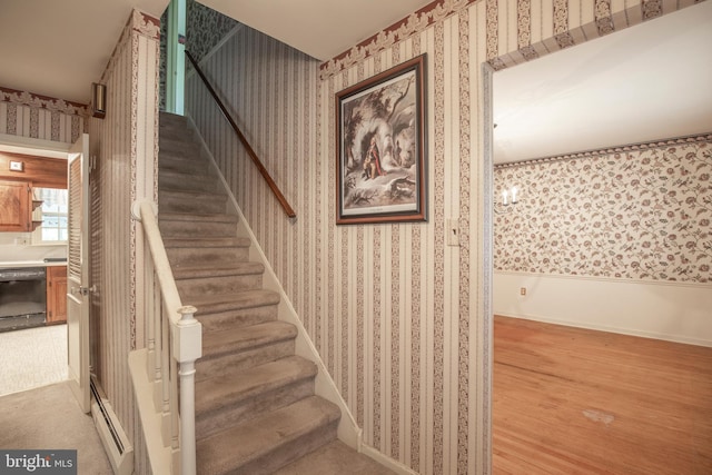 72 Bennett Dr, Doylestown, PA 18901 - staircase featuring wallpapered walls and wood finished floors