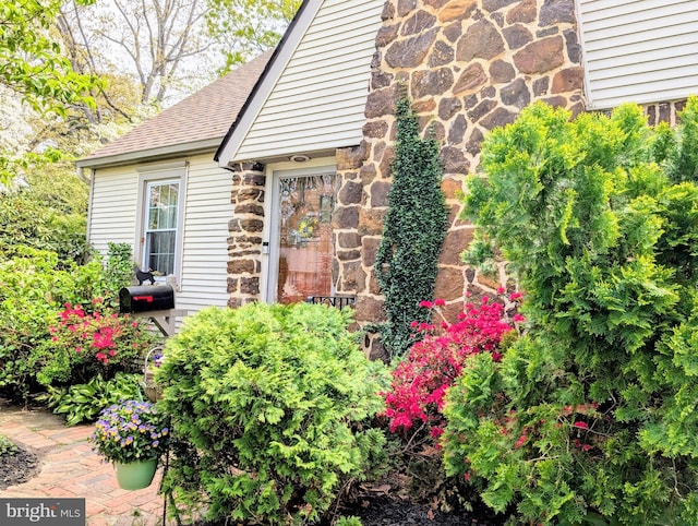 view of home's exterior with a shingled roof and stone siding