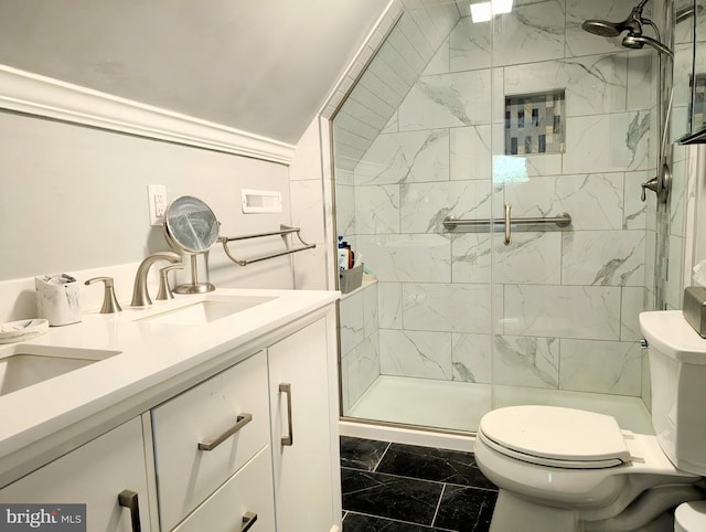 bathroom with toilet, a shower stall, a sink, and marble finish floor