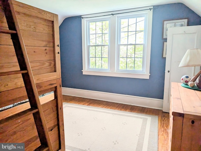 bedroom featuring multiple windows, wood finished floors, and lofted ceiling