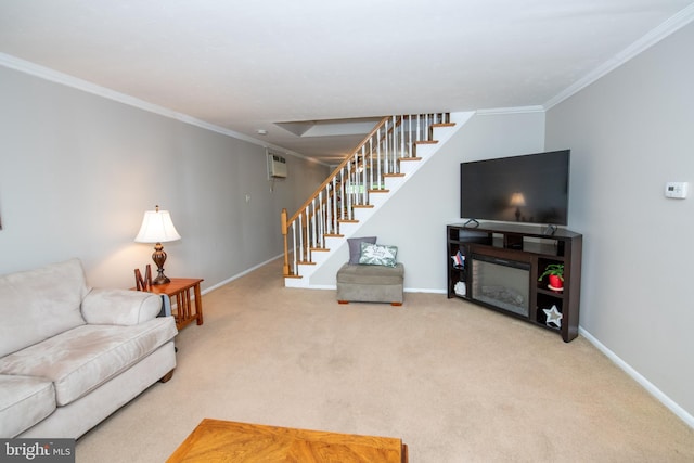 carpeted living area with stairway, a wall mounted AC, ornamental molding, and baseboards
