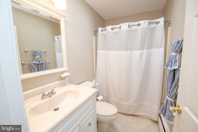 bathroom with toilet, tile patterned floors, shower / bath combination with curtain, and vanity
