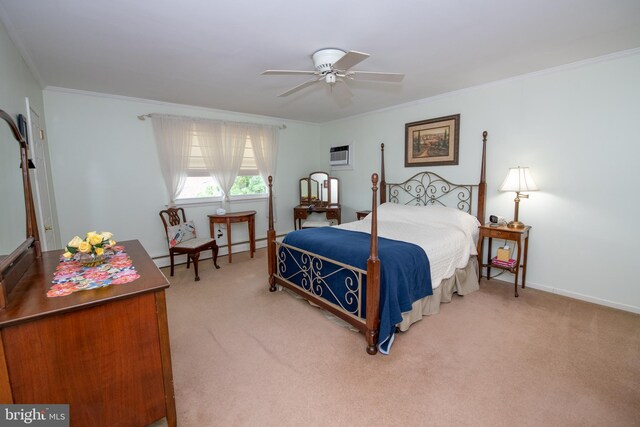 bedroom featuring ornamental molding, an AC wall unit, light carpet, and a baseboard radiator