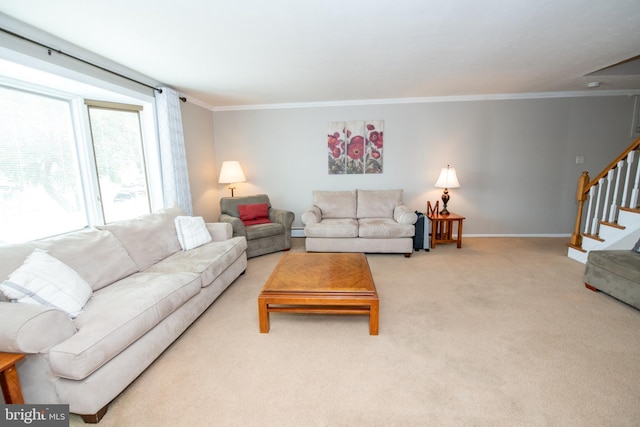 carpeted living area with crown molding, stairs, a baseboard radiator, and baseboards