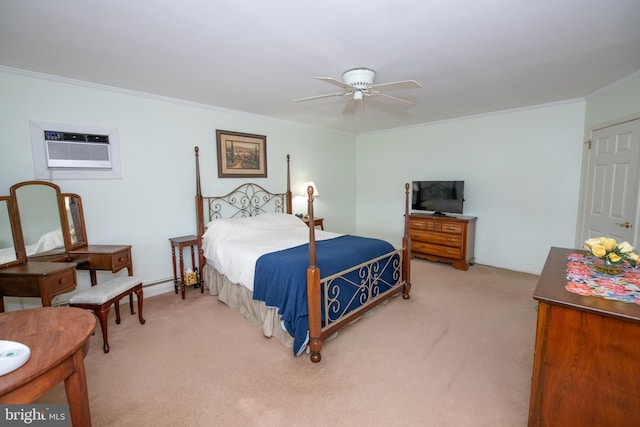 bedroom featuring crown molding, ceiling fan, a wall unit AC, and light colored carpet