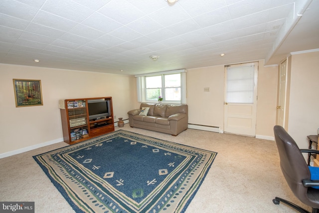 living room featuring baseboards, carpet floors, and a baseboard radiator