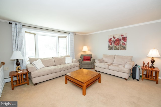 carpeted living area with crown molding