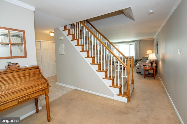 staircase featuring baseboards, crown molding, and carpet