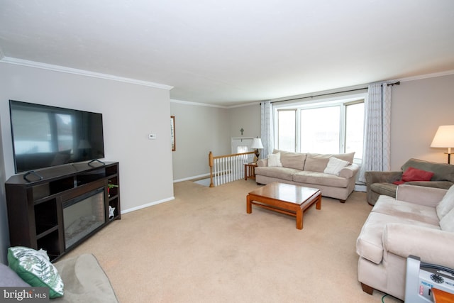 carpeted living room with ornamental molding, a baseboard heating unit, and baseboards