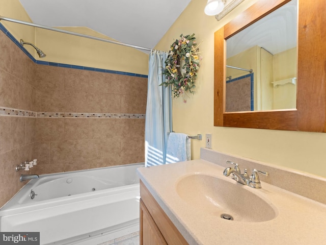 108 Delaware St, Woodbury, NJ 08096 - full bathroom featuring a combined bath / shower with jetted tub, vanity, and vaulted ceiling
