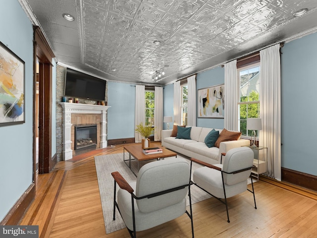 108 Delaware St, Woodbury, NJ 08096 - living area featuring an ornate ceiling, light wood-type flooring, a fireplace, and plenty of natural light