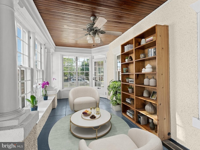 108 Delaware St, Woodbury, NJ 08096 - sitting room featuring wood ceiling, ceiling fan, and ornamental molding