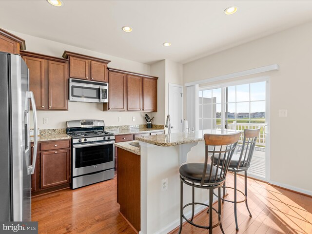 20822 Brunswick Ln, Millsboro, DE 19966 - kitchen with stainless steel appliances, light wood finished floors, recessed lighting, and light stone countertops