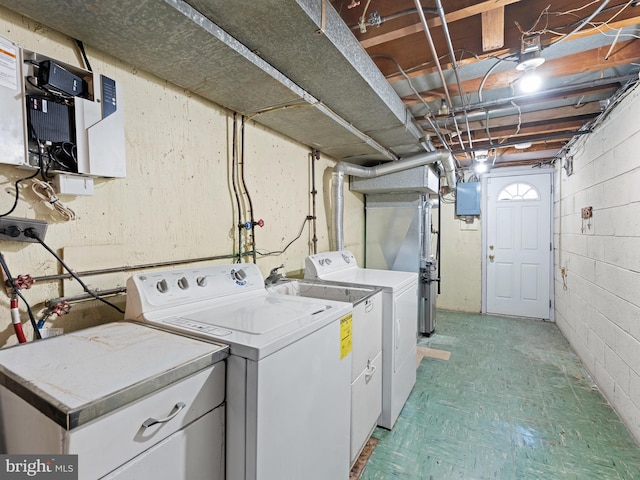 6833 E Roosevelt Blvd, Philadelphia, PA 19149 - laundry room featuring light floors, laundry area, concrete block wall, electric panel, and washing machine and dryer