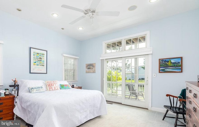 536 Yacht Club Dr, Ocean Pines, MD 21811 - bedroom with access to outside, recessed lighting, baseboards, light colored carpet, and ceiling fan