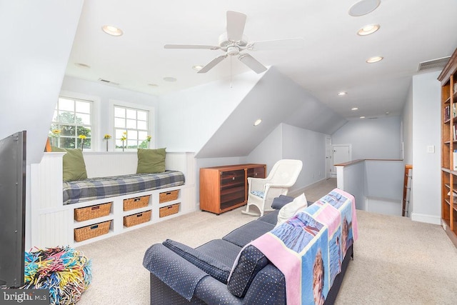 536 Yacht Club Dr, Ocean Pines, MD 21811 - sitting room featuring carpet, recessed lighting, a ceiling fan, an upstairs landing, and vaulted ceiling