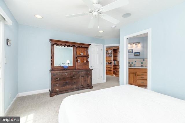 536 Yacht Club Dr, Ocean Pines, MD 21811 - carpeted bedroom with recessed lighting, connected bathroom, baseboards, and a ceiling fan