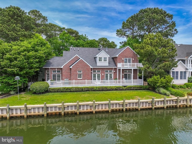 536 Yacht Club Dr, Ocean Pines, MD 21811 - back of property featuring a water view, a balcony, brick siding, and french doors