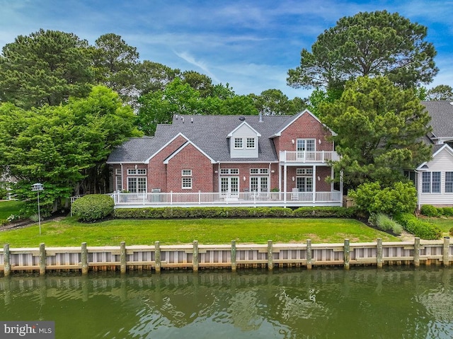 536 Yacht Club Dr, Ocean Pines, MD 21811 - back of house with a water view, a balcony, french doors, and a yard