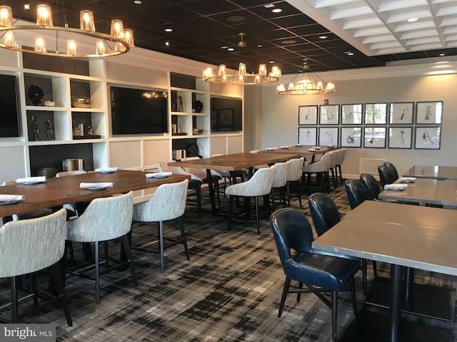 dining room featuring carpet floors, coffered ceiling, a notable chandelier, and beamed ceiling