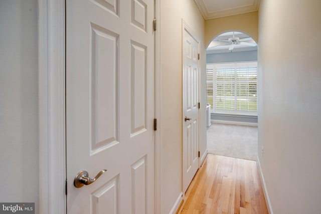 18565 Kerill Rd, Triangle, VA 22172 - hallway with crown molding, arched walkways, baseboards, and light wood-style floors