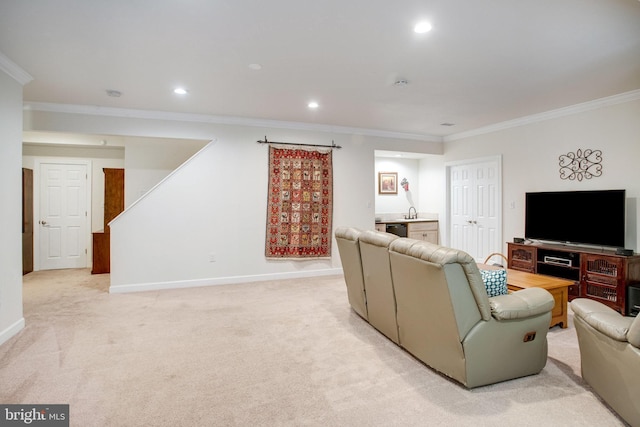 18565 Kerill Rd, Triangle, VA 22172 - living area with crown molding, light colored carpet, stairs, recessed lighting, and baseboards