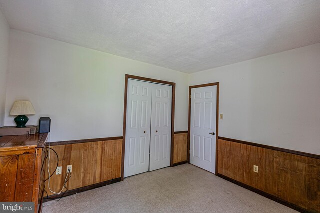 10 Mahon Cir, Ruther Glen, VA 22546 - bedroom with a wainscoted wall, a closet, wooden walls, a textured ceiling, and carpet flooring