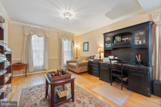 interior space with light wood finished floors and ornamental molding