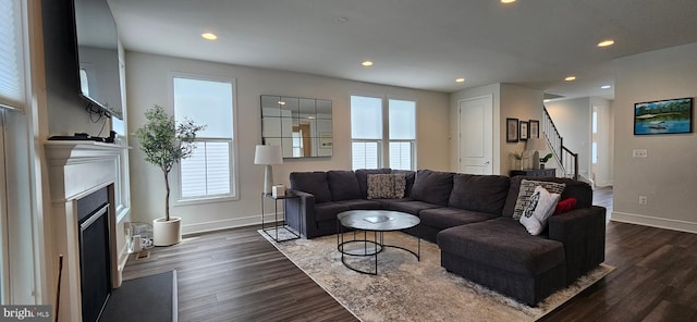 21340 Rainier Ln, Broadlands, VA 20148 - living room featuring baseboards, plenty of natural light, stairway, recessed lighting, and dark wood-type flooring