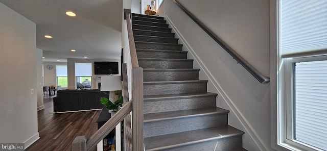 21340 Rainier Ln, Broadlands, VA 20148 - stairway featuring wood finished floors, recessed lighting, and baseboards