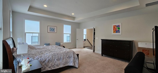 21340 Rainier Ln, Broadlands, VA 20148 - bedroom featuring a raised ceiling, light colored carpet, baseboards, and recessed lighting