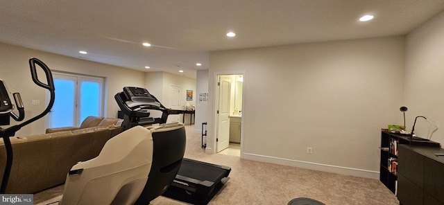 21340 Rainier Ln, Broadlands, VA 20148 - workout area with light colored carpet, recessed lighting, and baseboards