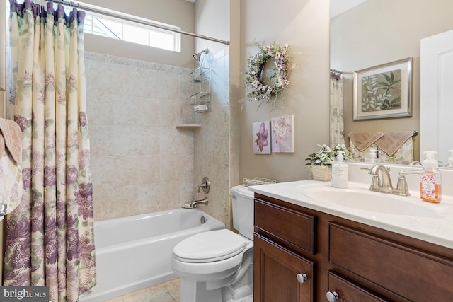 bathroom featuring vanity, toilet, shower / bath combination with curtain, and tile patterned flooring
